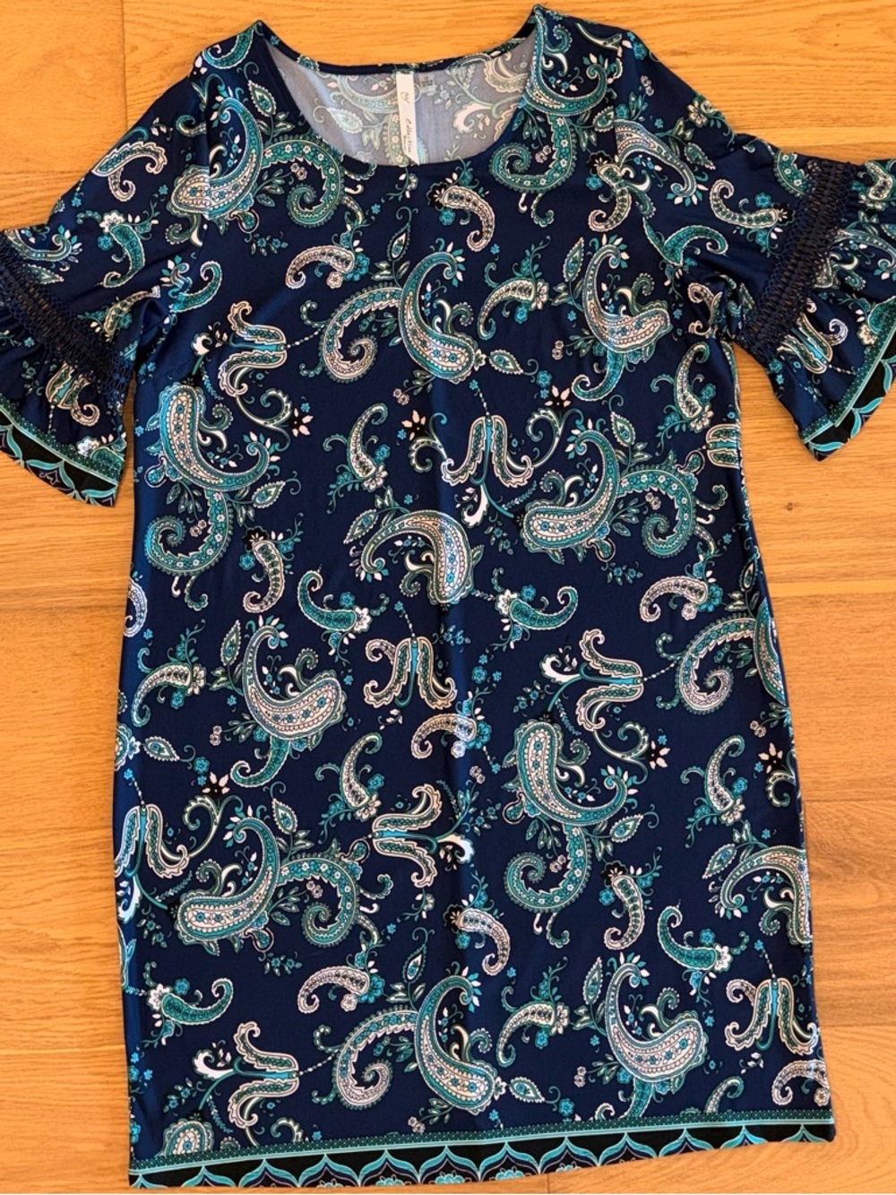 NY COLLECTION Navy Paisley Short-Sleeve Dress with Crochet Trim Size 1X